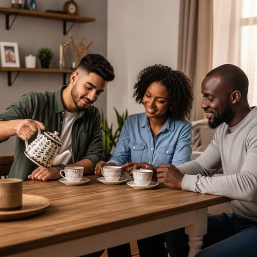 Middle-Eastern Man Pouring Tea with African Parents - Heartwarming Scene