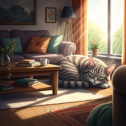 Cozy Living Room Illustration with Sleepy Domestic Cat in Sunlit Corner