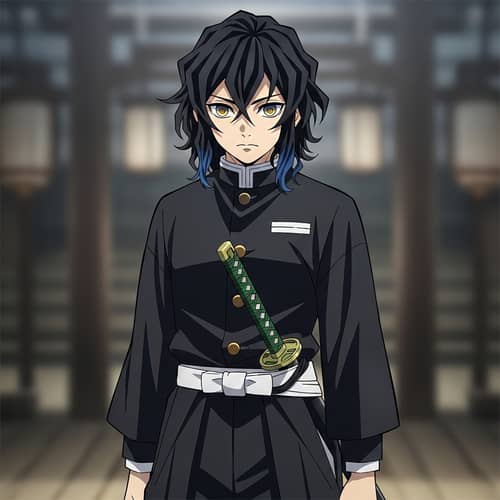 Anime Ghost Slayer Character with Wavy Black Hair and Two-Tone Eyes