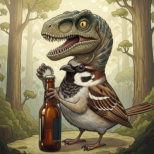 Fantastical Dinosaur Sparrow Hybrid Beer Opener Illustration