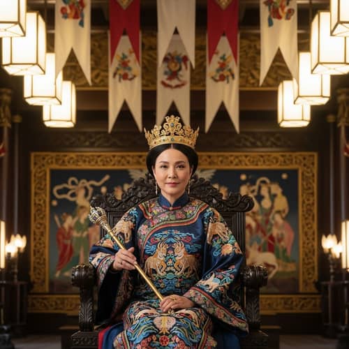 Regal Asian Queen in Traditional Attire | Mystic Patterns, Golden Crown