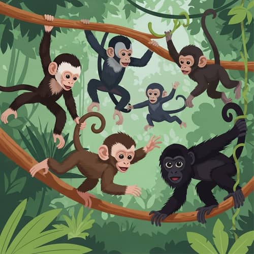 Playful Infant Monkeys in Vibrant Forest Scene