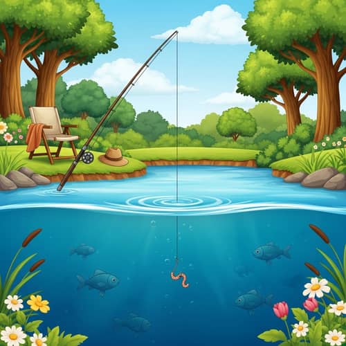 Tranquil Fishing Scene with Hooked Worm Bait and Abandoned Chair