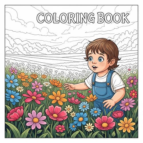 Child Exploring Vibrant Flowers in Colouring Page