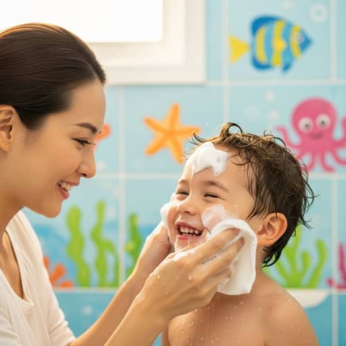 Gentle Face Scrubbing: Asian Mother & Son | White Soap Suds