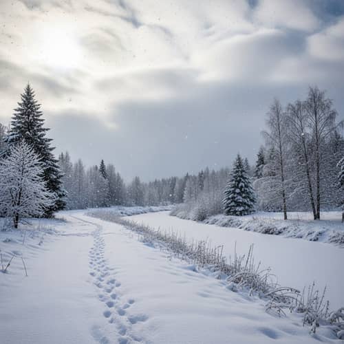 Serene Winter Landscape with Falling Snowflakes