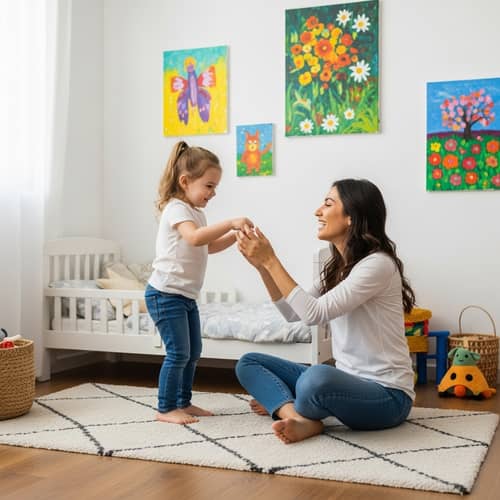 30-Year-Old Hispanic Woman Playing with 3-Year-Old Daughter in Children's Room