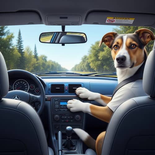 Adorable Dog Driving Car with Mischievous Sparkle | Blue Dashboard, Grey Seating