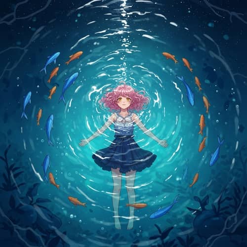 Captivating Image of Young Girl with Golden Eyes Floating in Tranquil Sea