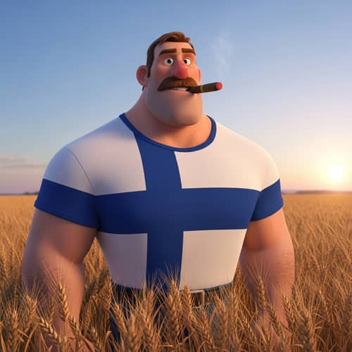 Cartoon Character in Flag T-Shirt at Wheat Field