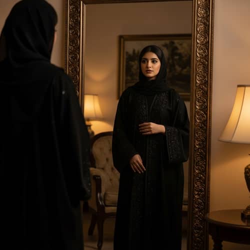 Beautiful Girl Admiring Black Abaya | Elegant Mirror Scene