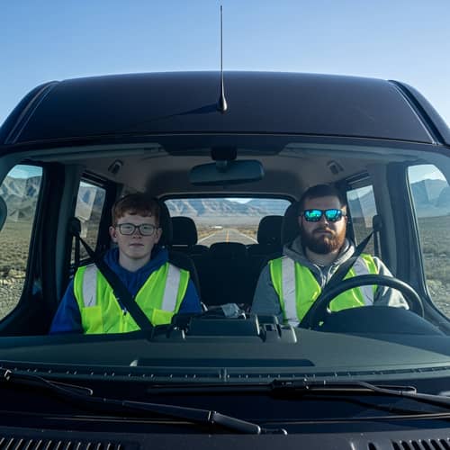 Boys in Black Van | Lime Green Vests | Redhead and Beard