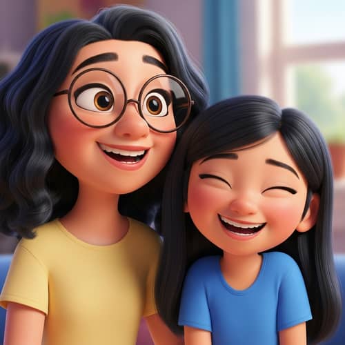 Happy Sisters with Wavy and Straight Black Hair