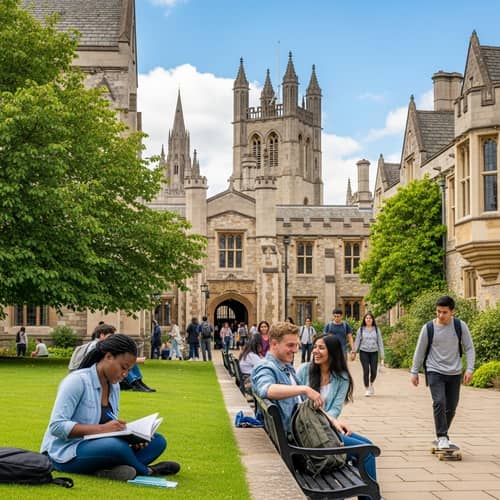 Vibrant University Scene: Diverse Students and Grand Architecture