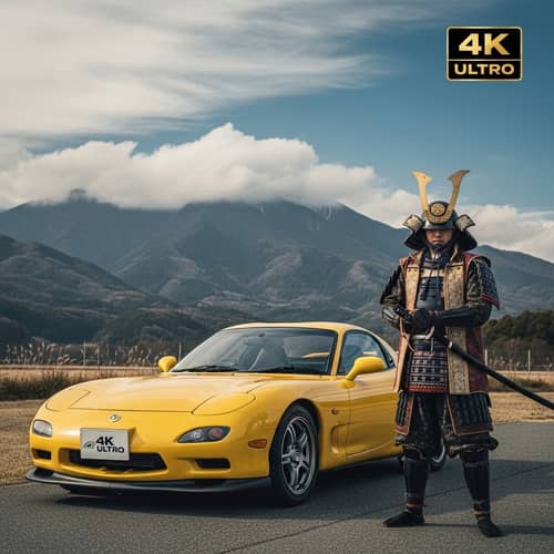 Stunning Yellow Mazda RX-7 with Samurai Standing By