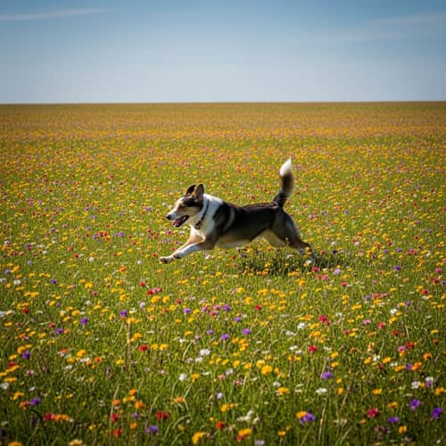 Energetic Dog Running in Colorful Field