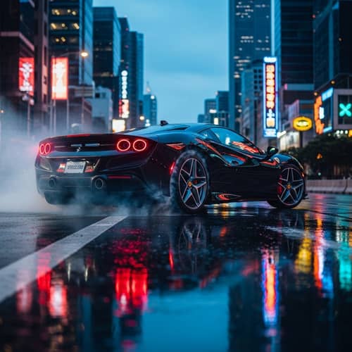 Sleek Black Ferrari Drift Maneuver: City Lights Reflection