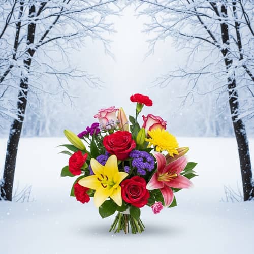 Winter Birthday Flowers: Beautiful Bouquet in Snowy Setting
