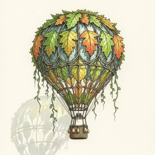 Autumn-themed Tree Leaf Hot Air Balloon | Hand-drawn Illustration