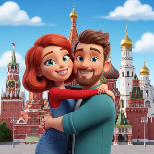 Slim Red-Haired Girl Hugs Brown-Haired Guy at Kremlin - Vibrant 3D Cartoon