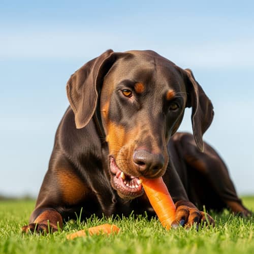 Doberman Serenely Enjoying Carrot Snack Time