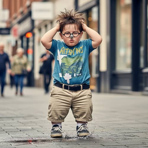Chubby 12-Year-Old Boy Misbehaving in Public Street