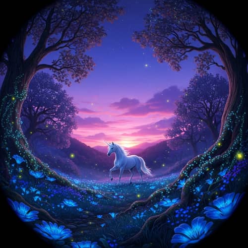 Mystical Twilight Forest with Majestic Unicorn Art
