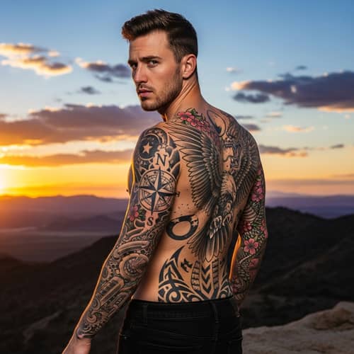 Intricate Tattoos Adorning Athletic Caucasian Man