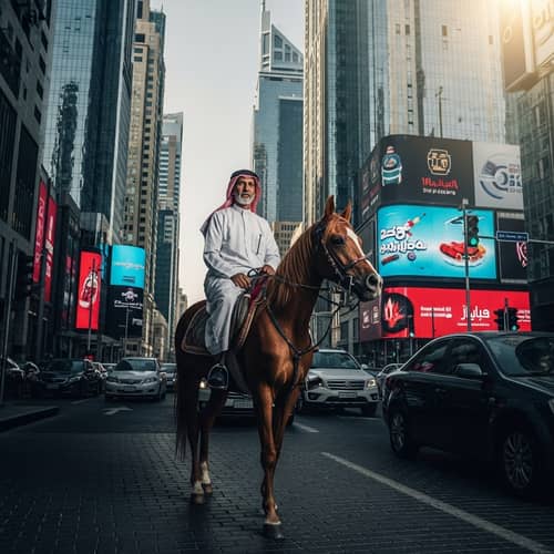 An Elderly Arab Riding a Horse in a Modern City