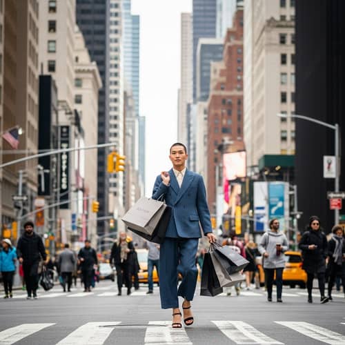 Fashion Model Strutting in New York Street | Designer Shopping Bags