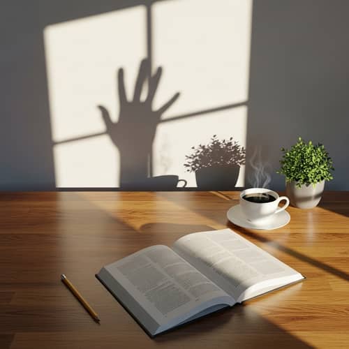 Enigmatic Scene with Wooden Table, Pencil, Book, Coffee, and Shadows
