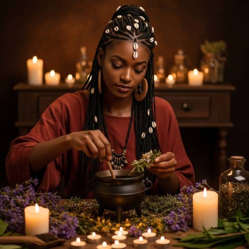 Serene African American Woman Stirring Herbs in Cauldron