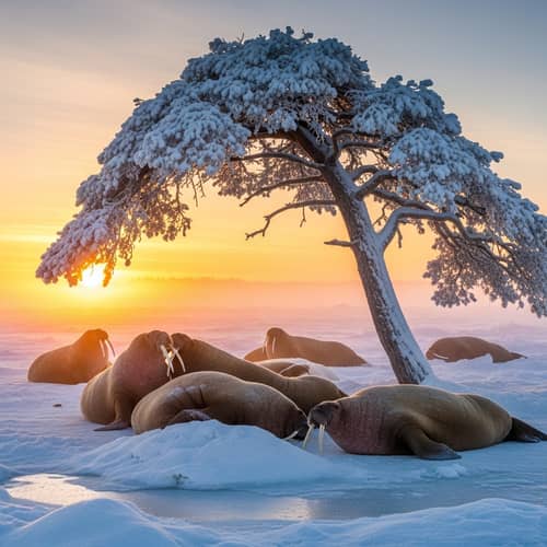 Frosty Morning with Walruses: Stunning Sunrise Scene