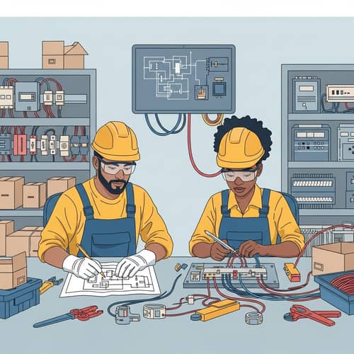 Professional Electrical Work Scene | Diverse Experts in Action