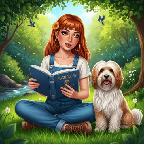 Classic Fairy Tale Inspired Image: Red-Haired Woman in Nature with Tibetan Terrier