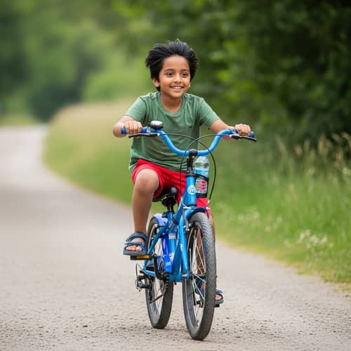 Cheerful South Asian Boy Riding a Vibrant Blue Bike