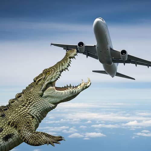 Daring Encounter: Crocodile vs. Airplane in Dramatic Sky