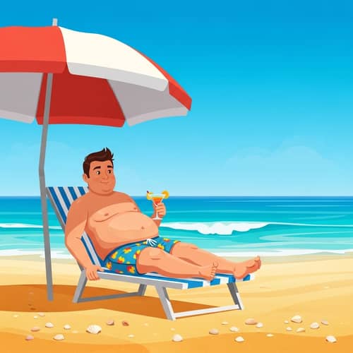 Relaxing Beach Day: Chubby Man with Cocktail on Colorful Beach Chair
