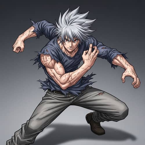 Muscular Anime-Styled 17-Year-Old Male Character in Intense Martial Arts Pose