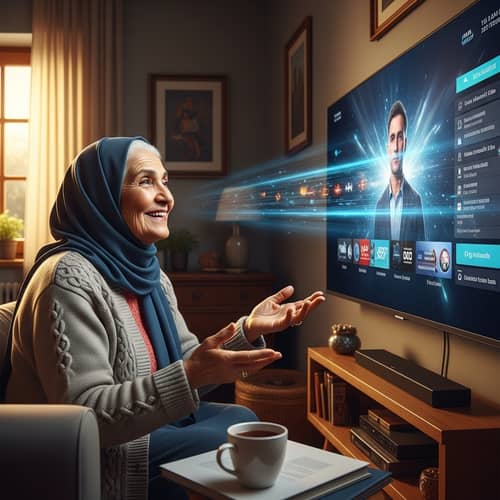 Joyous Middle Eastern Grandmother in Modern Living Room with TV