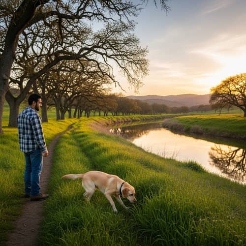 Hispanic Man with Labrador Retriever on Countryside Trail