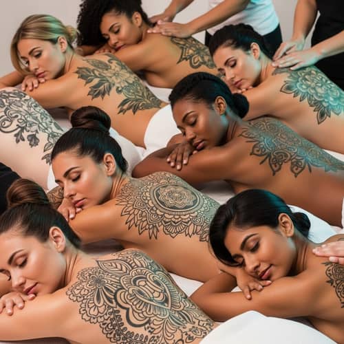 Diverse Women Relaxing with Intricate Back Tattoos | Wellness-Inspired