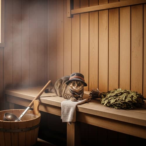 Cat in Traditional Russian Banya with Birch Branches - Explore the Relaxing Scene
