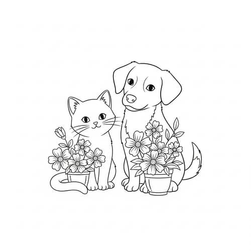 Cartoon Style Line Art Image of Cat and Dog with Flowers