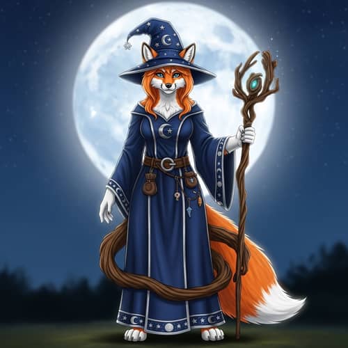 Orange and White Magician Fox Delphox Standing with Full Moon Background
