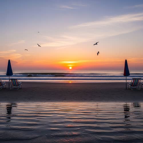 Tranquil Beach Morning: Sunrise, Seagulls & Colorful Chairs