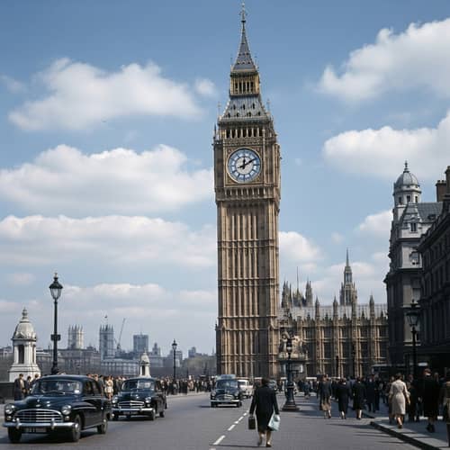 London Clock Tower in 1954: A Vintage Glimpse