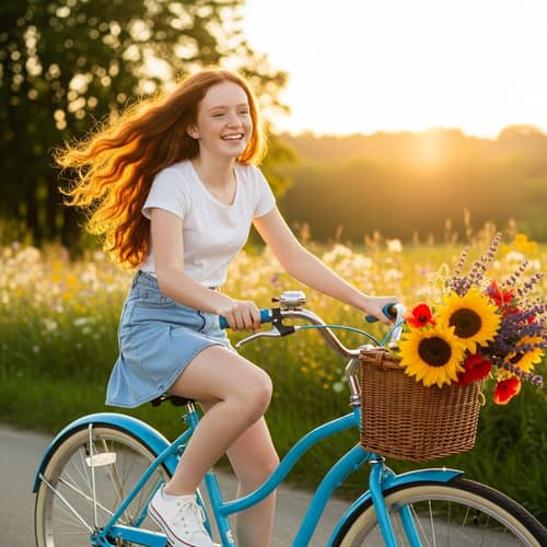 Red-Haired Girl Riding Blue Bicycle with Vibrant Flowers | Leisurely Ride