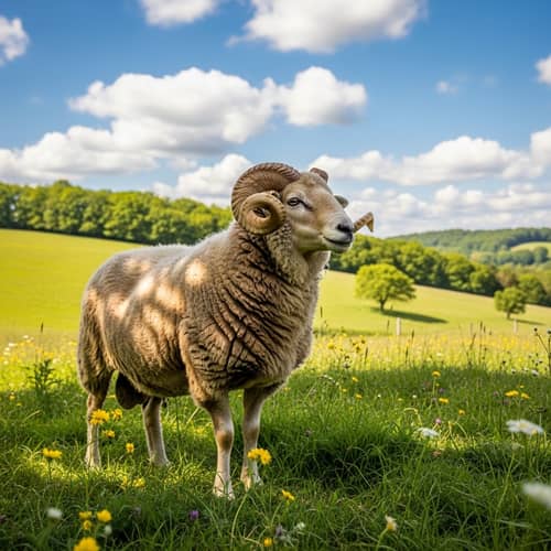Stunning Adult Ram in Lush Green Pasture