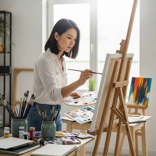 Asian Woman Creating Masterpiece in Modern Art Studio